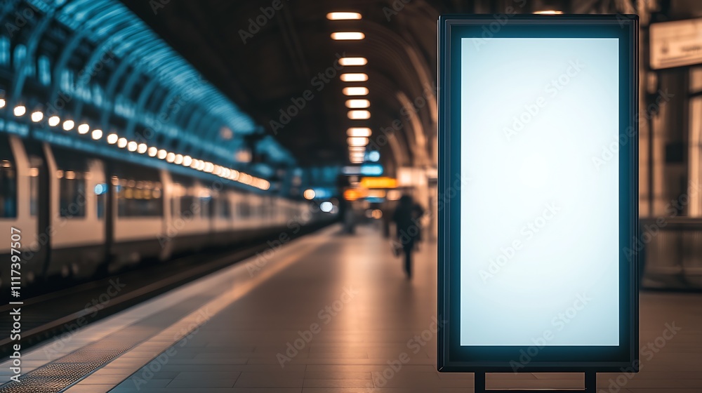 Poster modern train station platform with empty digital advertising display at night : generative ai