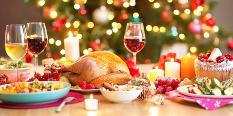 Naklejka premium Festive Holiday Feast with Roast Turkey, Decorations, and Candles
