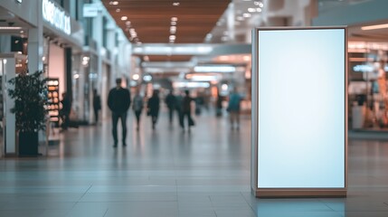 Modern Shopping Mall with Digital Advertising Display and Blurred Shoppers : Generative AI