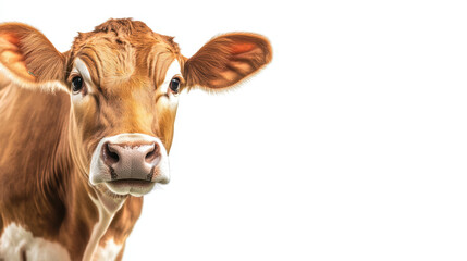 Curious brown cow gazing attentively on a white background, showcasing its expressive eyes and large ears.