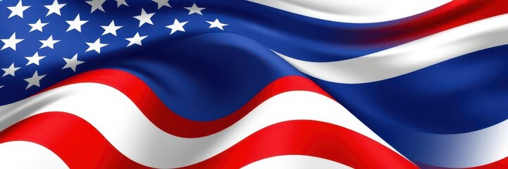 Fototapeta premium Illustration of a wavy USA flag landscape banner, stripes, blue