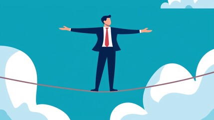 Obraz premium Businessman balancing on tightrope above the clouds, symbolizing risk and careful navigation.