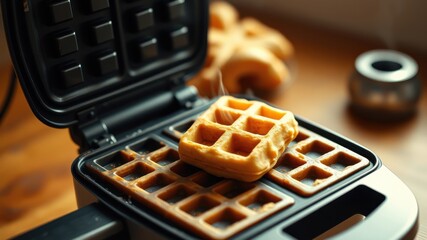 A freshly baked waffle sits in a hot waffle iron, steaming with warmth and a golden glow.
