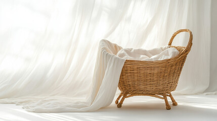Cozy wicker basket with soft white fabric draped elegantly, set against sheer curtains in a serene, bright setting.