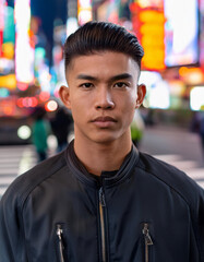 Fototapeta premium Young Man at Shibuya Crossing with Stylish Cool Black Jacket