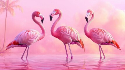 Obraz premium Three Elegant Pink Flamingos Standing Gracefully in a Serene Pink-Tinted Lagoon Under a Soft Pastel Sky in a Dreamy Tropical Environment