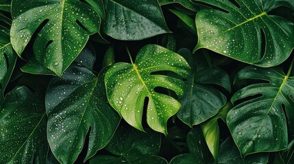 Fototapeta premium Lush Tropical Green Leaves With Water Droplets Creating A Rainforest Vibe In A Close-Up, Perfect For Nature Lovers Or Interior Design Applications