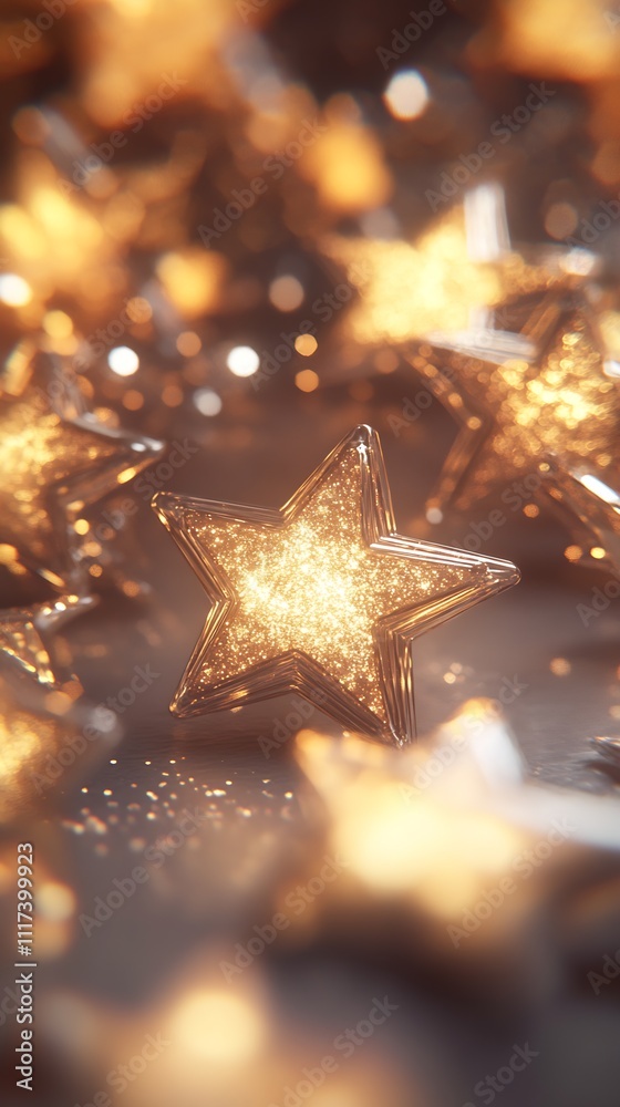 Poster festive golden star ornaments with glittering light on a soft background : generative ai