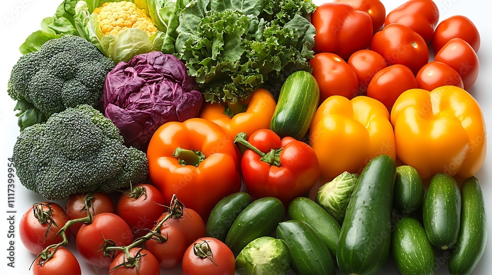 Poster assorted fresh vegetables mix including tomatoes and broccoli : generative ai