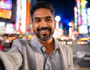 Fototapeta premium Middle-Aged Business Tourist Man at Shibuya Crossing in Casual Business Style Taking Selfie
