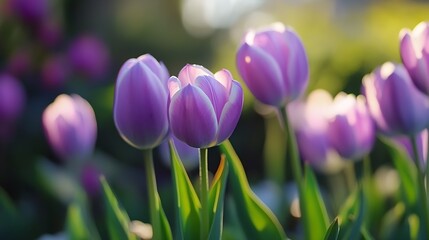 Beautiful Pink Tulips in Bloom with Soft Sunlight in a Vibrant Garden Setting : Generative AI