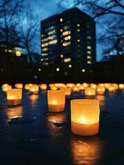 A somber candlelit display on a dark surface honors and remembers the victims of International Holocaust Remembrance Day.