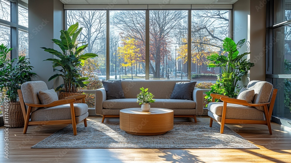 Fototapete a warm and inviting lounge features stylish chairs and a sofa, surrounded by lush plants and a view 
