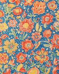 Vibrant floral pattern on a blue background.  Detailed, colorful, and intricate flower designs with a variety of colors.