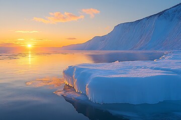 Breathtaking winter sunset over icy cliffs and tranquil sea : Generative AI