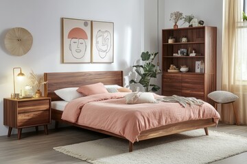 A stylish mid-century modern bedroom with a light wooden bed, pastel pink bedding, and a vintage wooden dresser against a grey wall.