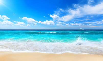 Fototapeta premium Idyllic tropical beach scene with turquoise water, white sand, gentle waves, and a yacht in the distance under a vibrant blue sky.