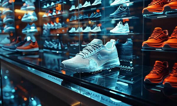A modern display of athletic shoes in a stylish retail environment.