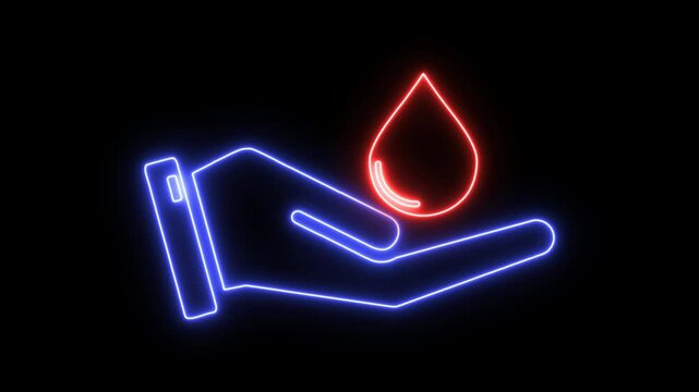 Neon Blood donor line animated icon design. Medical equipment Blood donation icon. Blood Donor Day poster with blood and Hand 4k Animation Concept