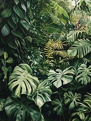 A serene garden adorned with vibrant green foliage and diverse textures, illuminated by gentle natural light that highlights nature's artistry.