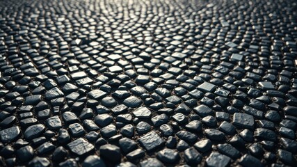 A close-up view of a cobblestone path, featuring a captivating blend of smooth and textured stones, with sunlight illuminating the surface, creating a textured and intricate visual experience.