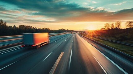 Obraz premium Cargo van is driving on the highway at speed with a blurred background. Freight transport, commercial transport concept with free space for text, copy space.