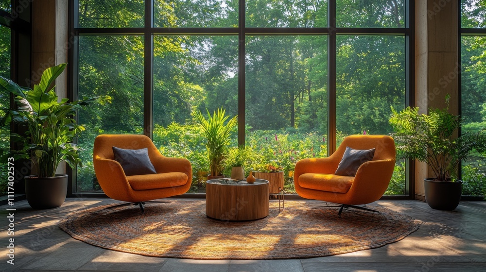 Aufkleber the relaxing space features, two bright orange chairs and a circular wooden table set against large 