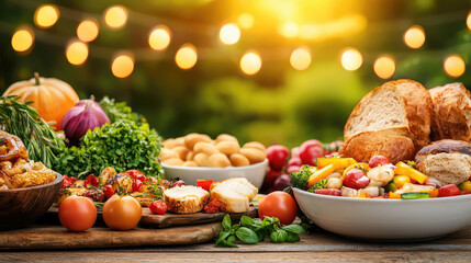 Naklejka premium Freshly prepared dishes and vibrant ingredients for a delightful outdoor feast.