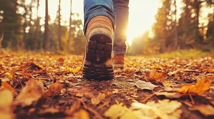 A person walks on a leaf-covered path in a forest, illuminated by warm sunlight, creating a serene autumn atmosphere.