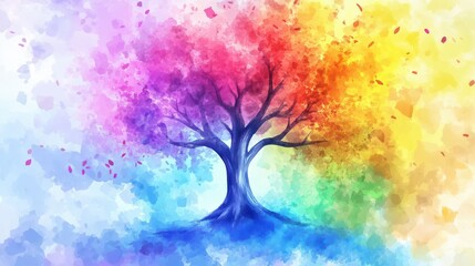 Obraz premium Vibrant rainbow tree with colorful leaves, digital painting.