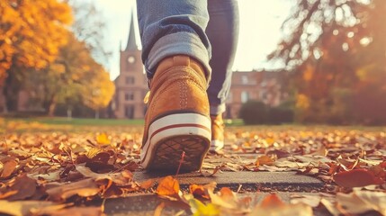 A person walks on a path covered in autumn leaves, with a distant church and colorful trees in the background, capturing the essence of a fall day.