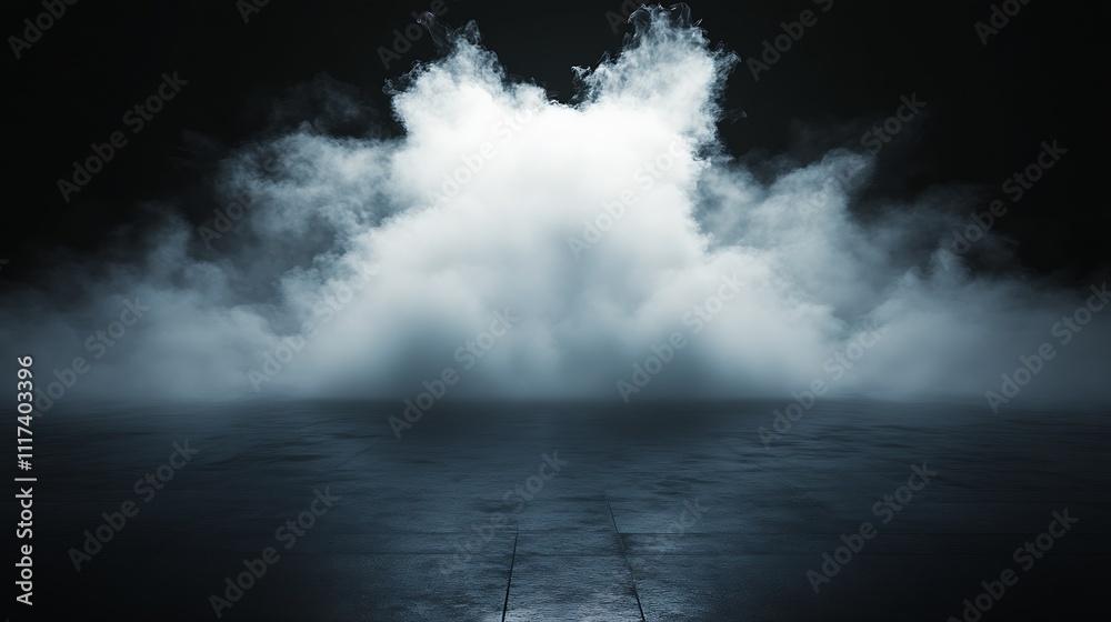 Poster dense white fog mysteriously rising above a dark reflective surface in low light : generative ai