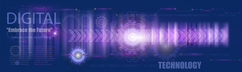 Obraz premium Futuristic digital technology background in dark purple tones featuring glowing gears, binary code, abstract tech elements, and text overlays, ideal for innovation, technology, and data-related themes