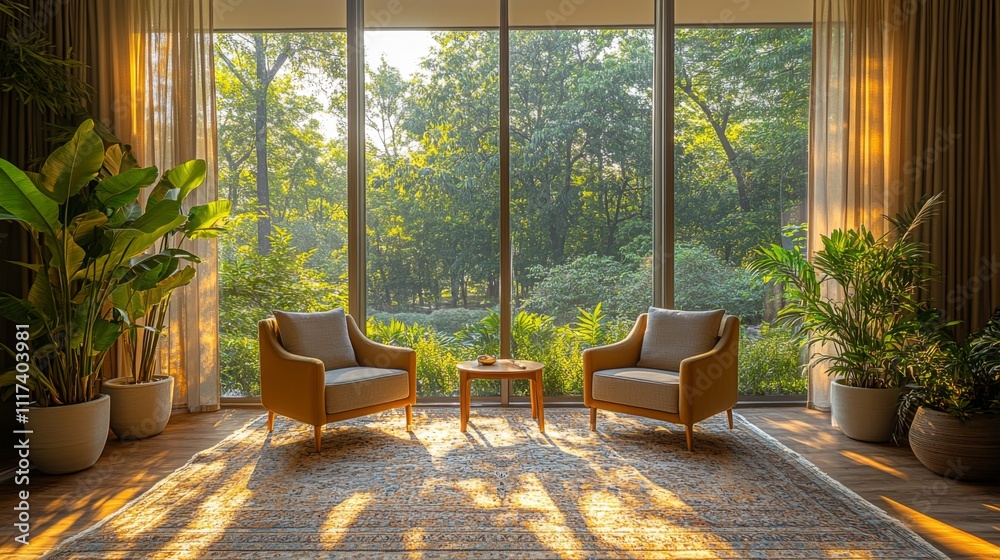 Aufkleber a warm and inviting living room features two stylish chairs with a small table between them, illumin