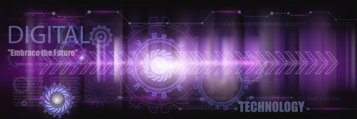 Futuristic digital technology background in dark purple tones featuring glowing gears, binary code, abstract tech elements, and text overlays, ideal for innovation, technology, and data-related themes