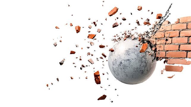 Wrecking ball breaking brick wall isolated on transparent background.