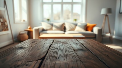 Rustic wooden table in a modern living room with a blurred couch and natural light streaming through the window