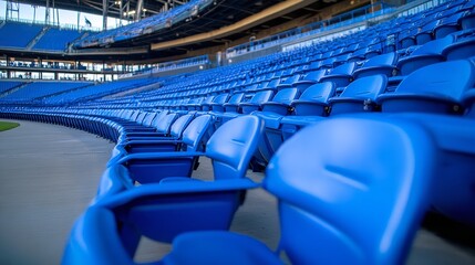 Rows of seats in an outdoor stadium with blue seats. Generative Ai