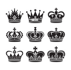 Kings crown icon set silhouette vector illustration