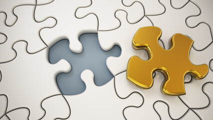 Fototapeta premium Gold puzzle piece is placed on the hole among other parts and fits perfectly. 3D illustration