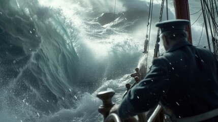 The master confidently gives orders to the crew his voice carrying over the sound of crashing waves.