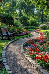 Obraz premium Curved garden path lined with trimmed bushes and colorful flower beds, leading to a bench, offering a tranquil and wellmanicured outdoor space