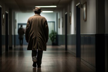 A man wearing a hat and coat walks down a hallway