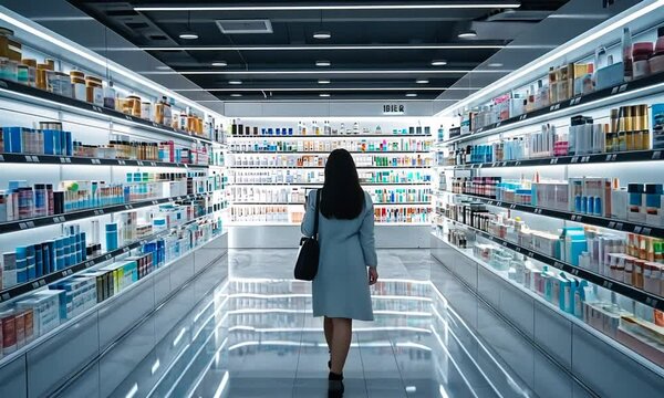 A person browsing a modern, well-lit pharmacy filled with various skincare products.