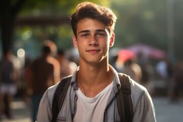 A young man with a backpack and a nose ring is smiling for the camera