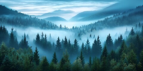 Obraz premium Dramatic Scenic Landscape of Evergreen Forests and Misty Mountain Valleys at Dawn : Generative AI