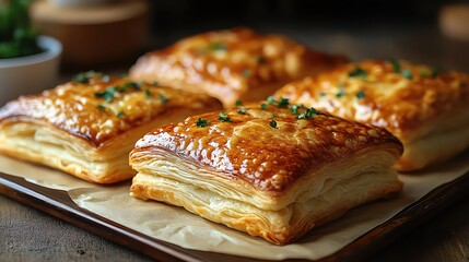 Flaky pastries on a tray, closeup shot, warmly lit, appetizing and inviting, showcasing delicious homemade treats