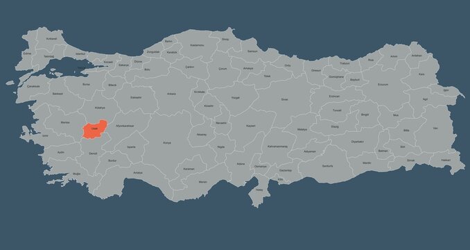Map of Turkey Highlighting Uşak Region with Labeled Provinces