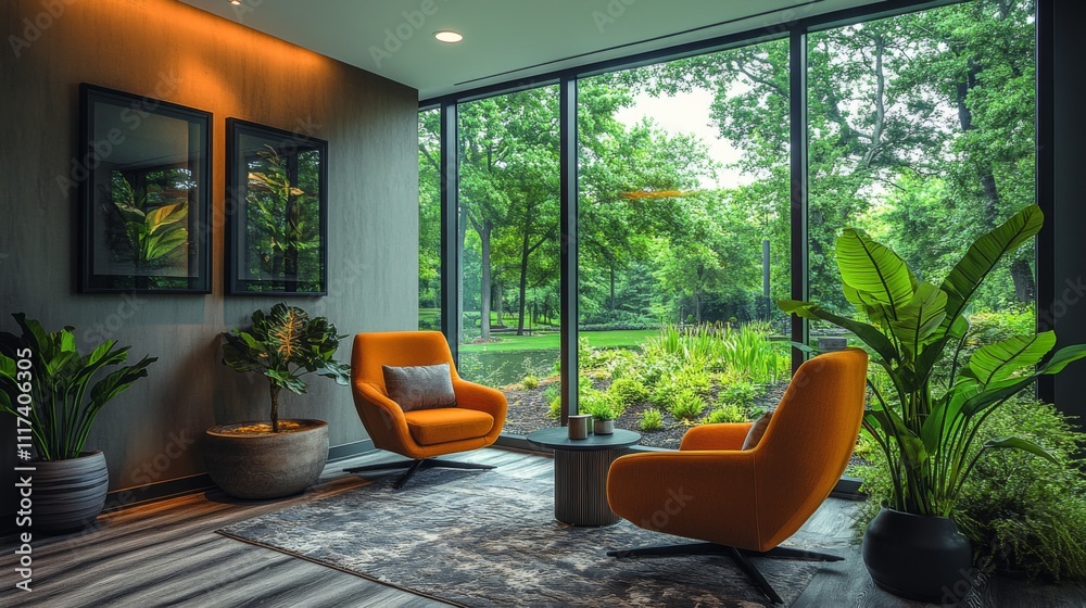 Aufkleber a stylish seating area features two vibrant orange chairs beside a small table, framed by large wind