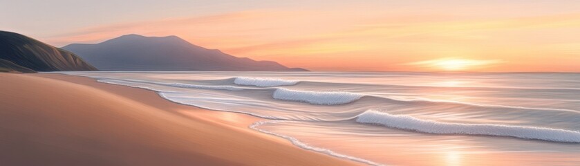 Obraz premium Serene beach landscape at sunset with gentle waves and distant mountains.